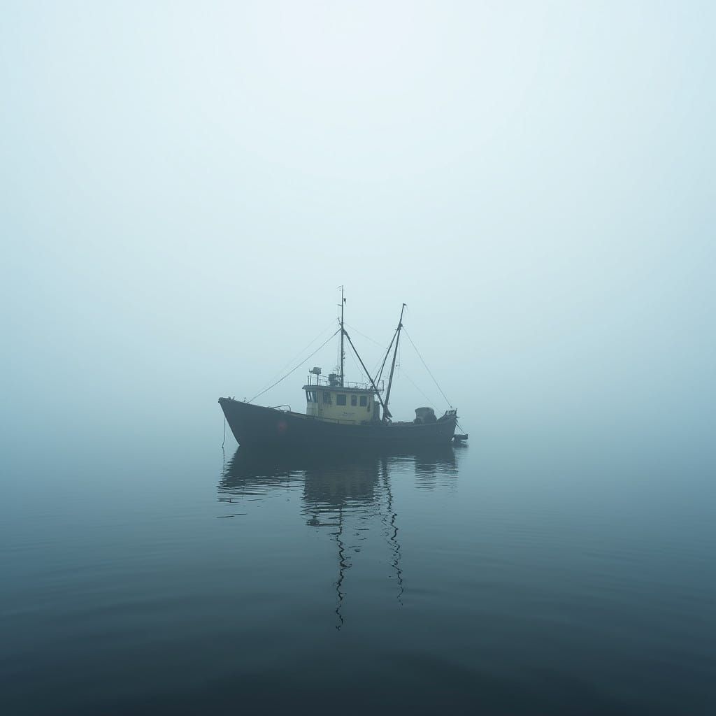 Moored Shrimp Boat in Sea Fog