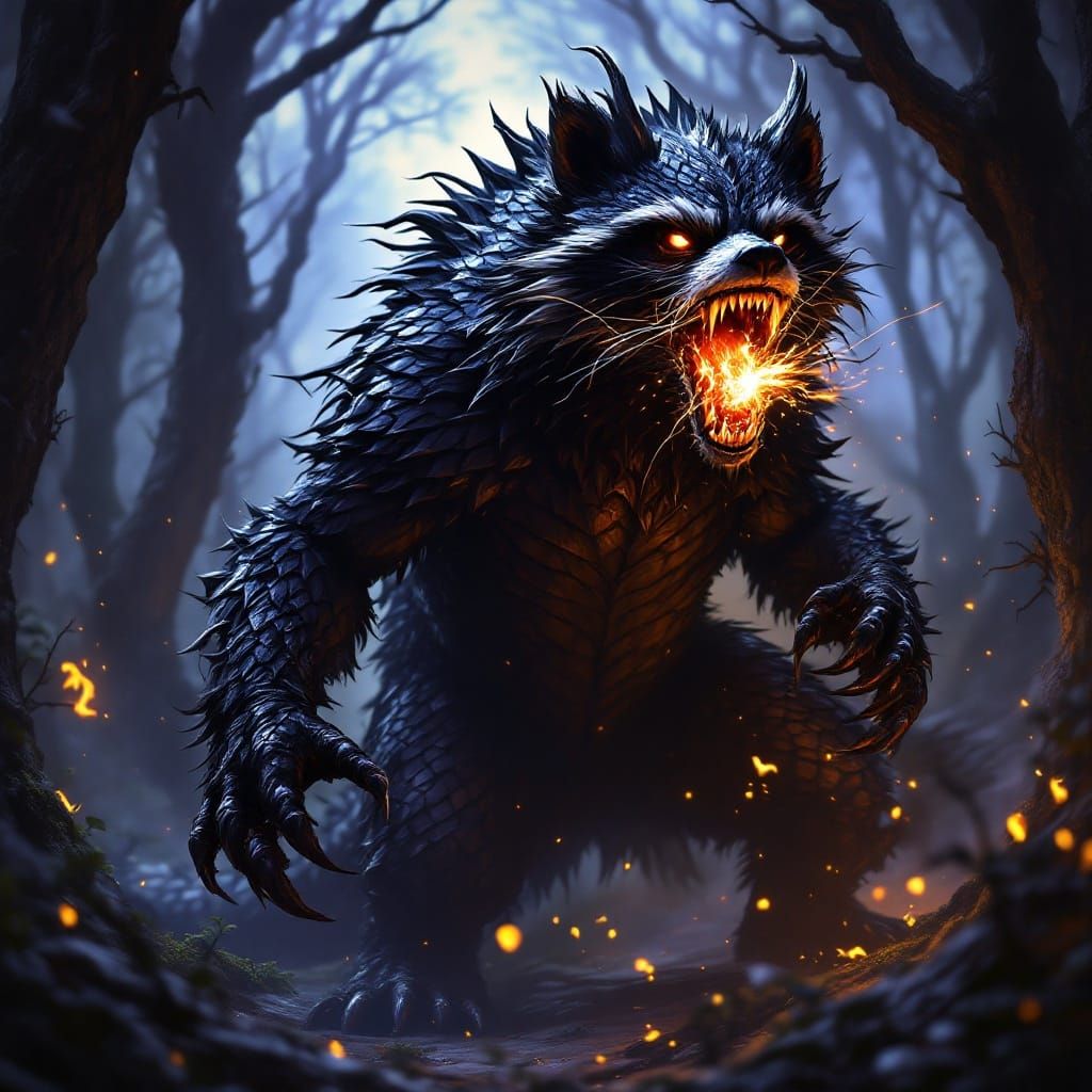 Majestic Raccoon Dragon in Haunted Woods