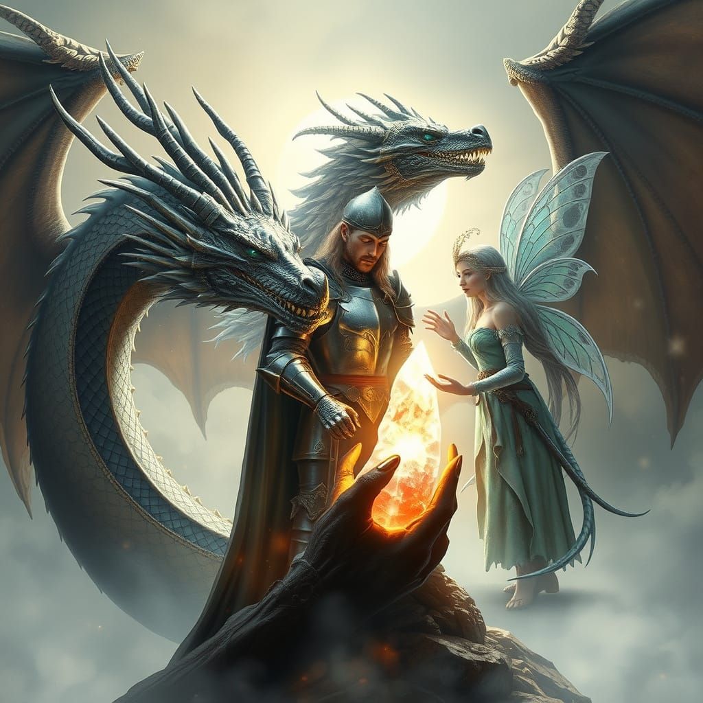 Dragon, Knight, and Fairy Converge in Dreamlike Harmony
