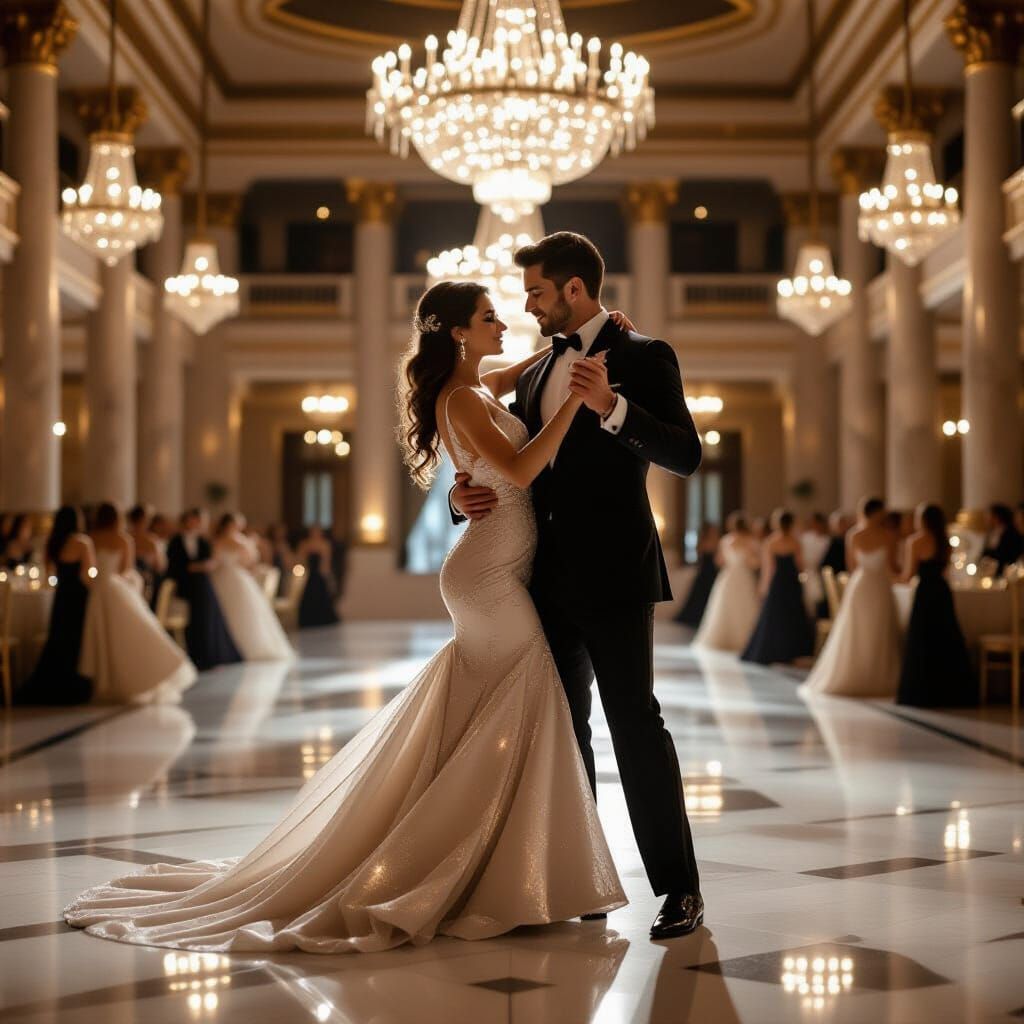 Elegant Couple Dancing Tango in Grand Ballroom