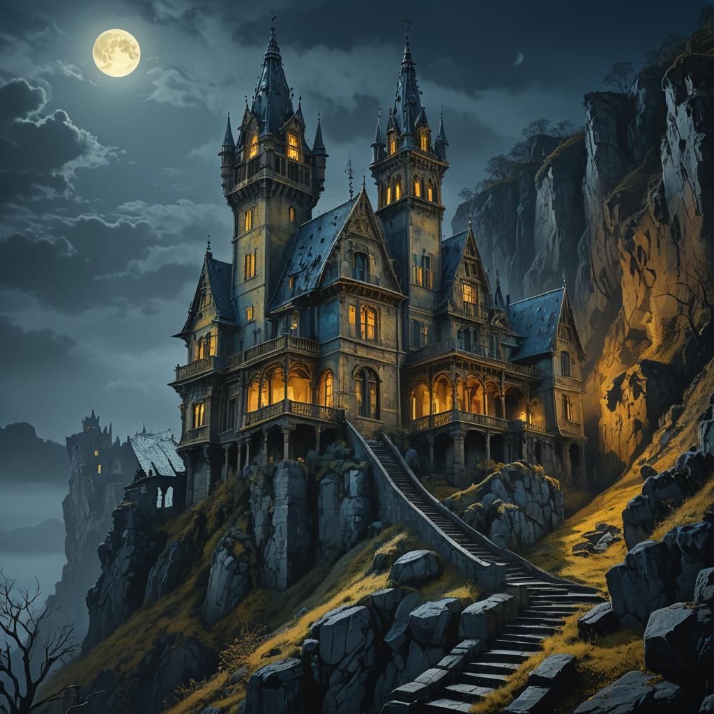 Ancient Mansion on Misty Hill in Mystical Realism