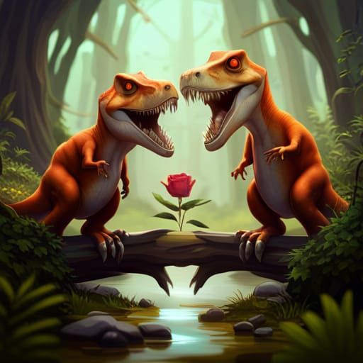 Cute T-Rex Dinosaurs in Love, Hyperdetailed Art