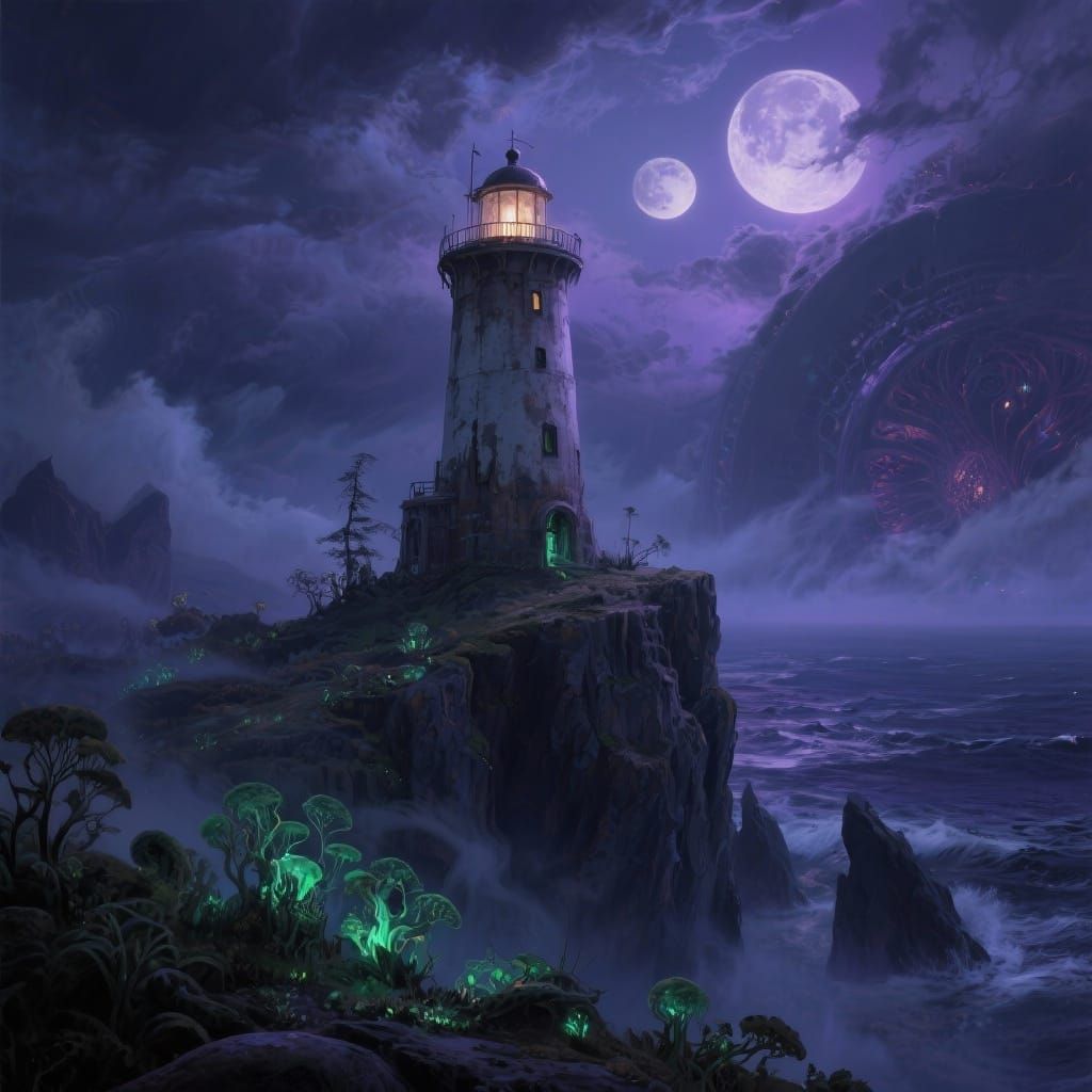 Alien Lighthouse on Stormy Sea Under Twin Moons