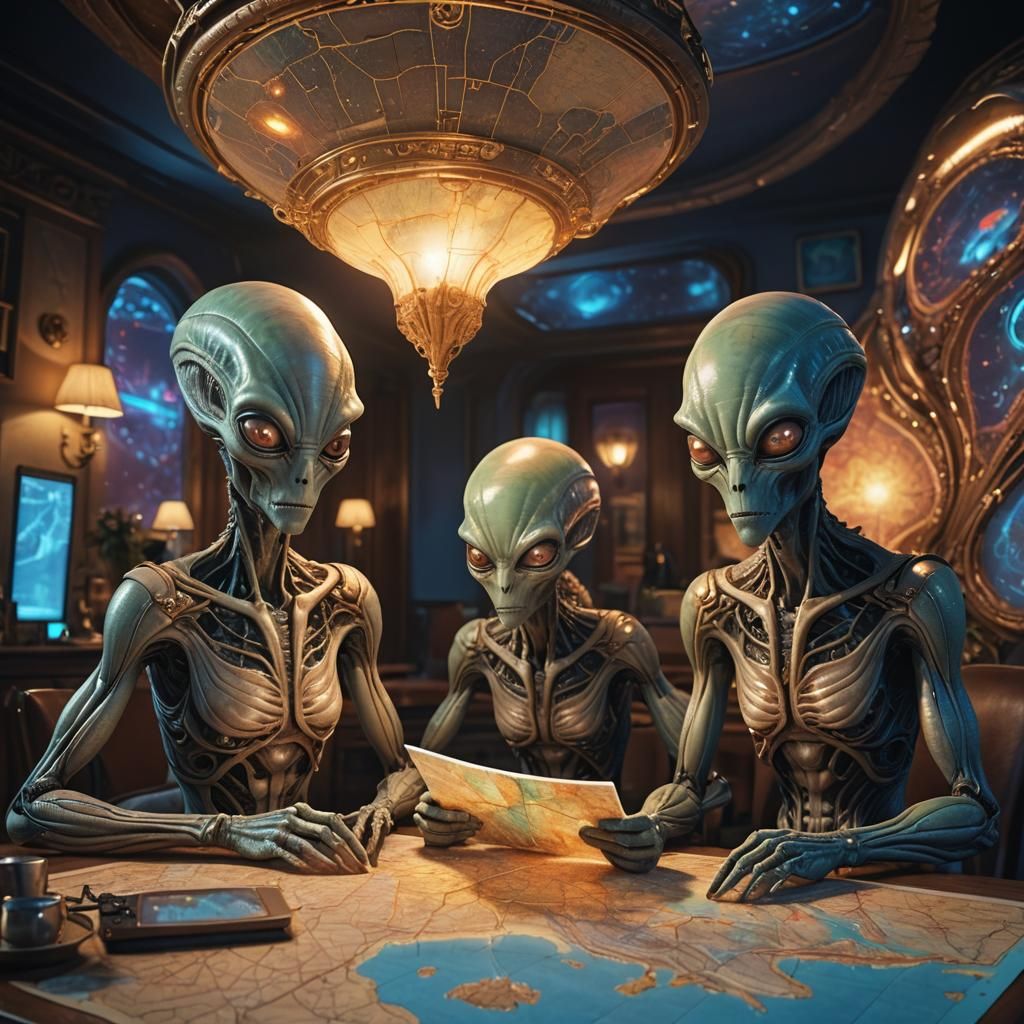 Alien Family Map Reading: Hyperrealistic Digital Art