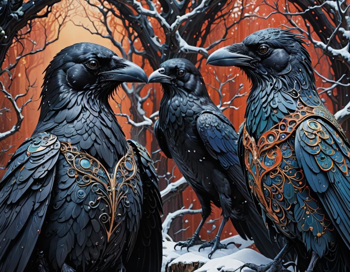 Hyperdetailed Raven with Collar in Acrylic Art Style