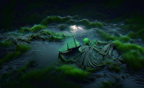 Eerie Shipwreck Scene with Green Glow