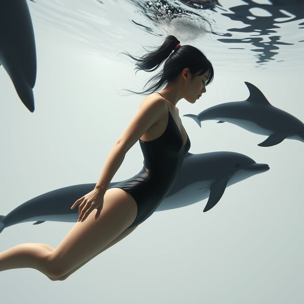 Girl Swimming with Dolphins in Hyperrealistic Style