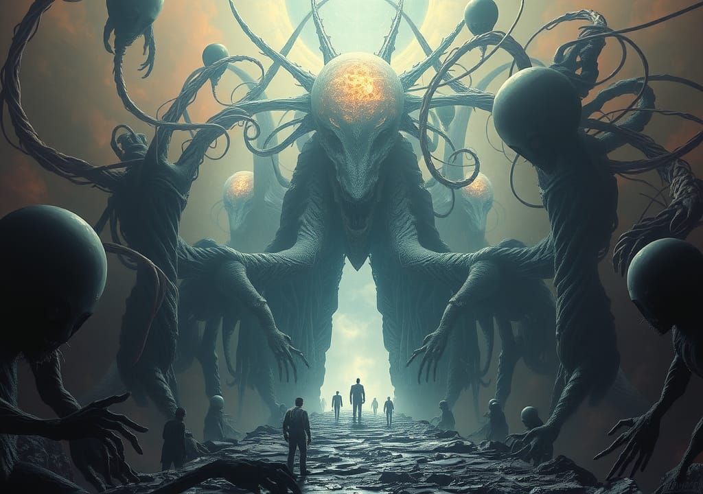 Cosmic Entity Unveils Ethereal Gateway: Dark Fantasy Art