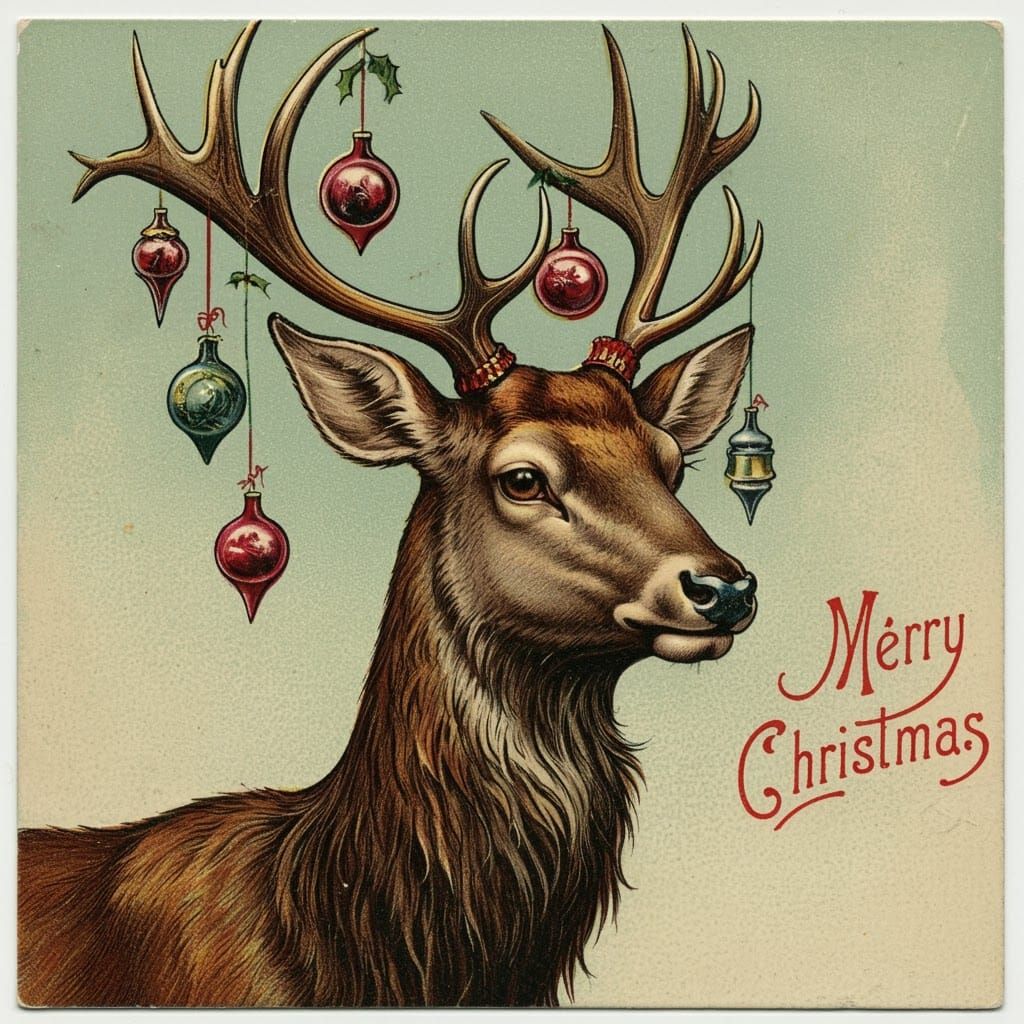 Antique French Christmas Reindeer Postcard