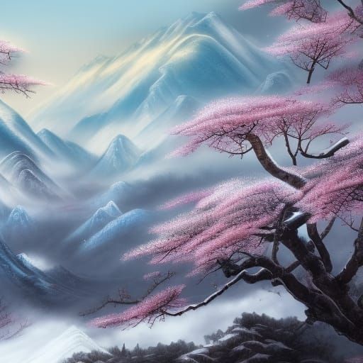 Ancient Chinese Painting: Snowy Mountains and Plum Blossoms