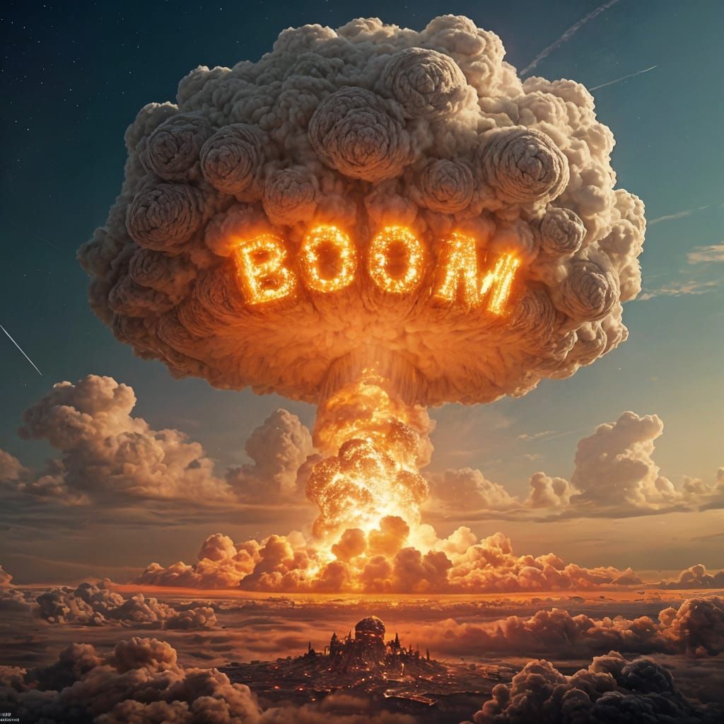 Atomic Explosion with 'Boom' in Mushroom Cloud