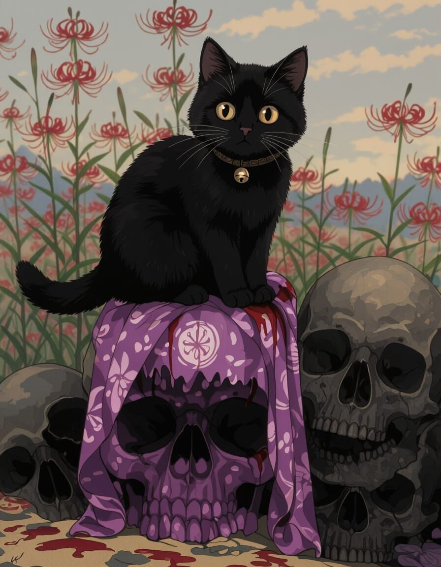 Black Cat Queen of Skulls, Ghibli Watercolor Style