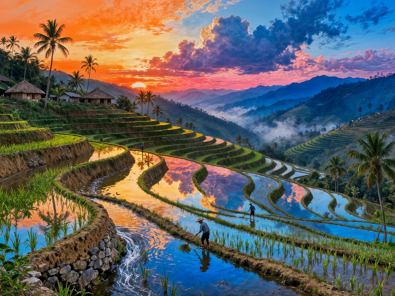 Sunrise Over Mirrored Rice Terraces