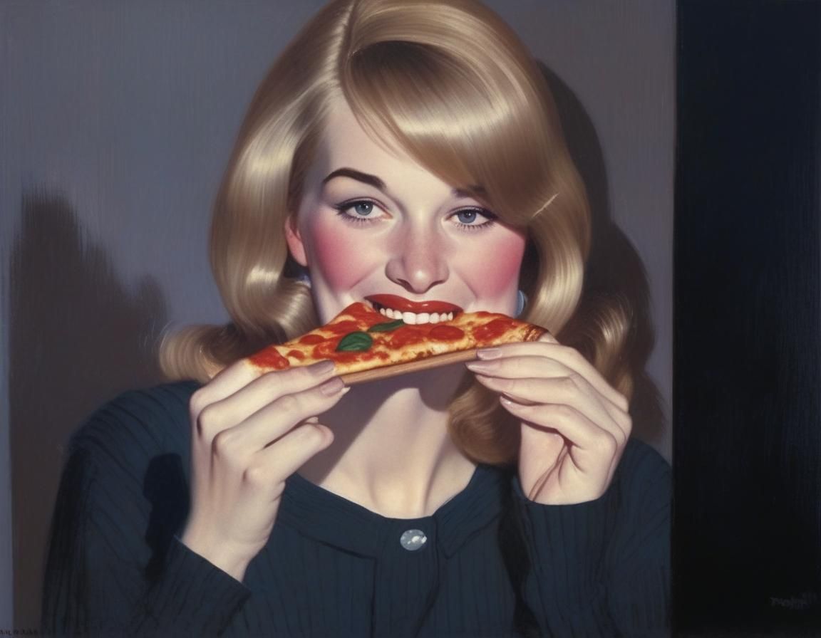 Woman Eating Pizza in Vintage Illustration Style