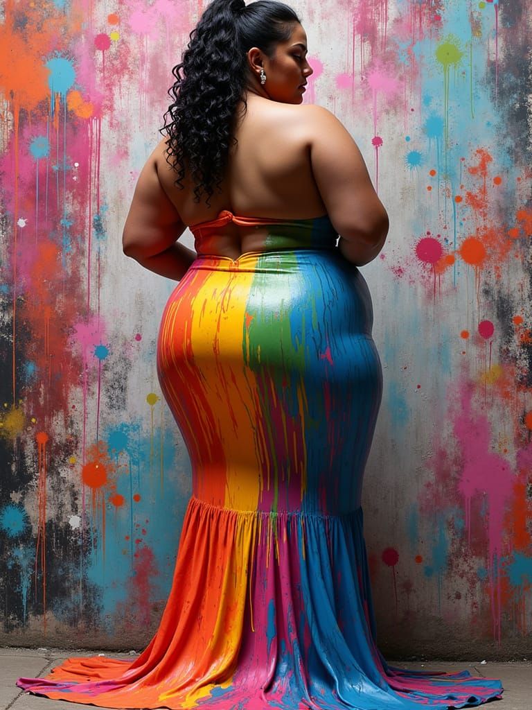 Confident Plus Size Woman in Polychromatic Painted Gown