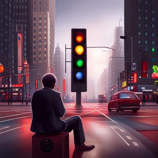 Perplexed Driver Waits at Red Light