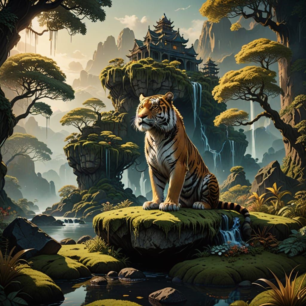 Tiger in Floating Jungle Ruin Under Twilight Sky