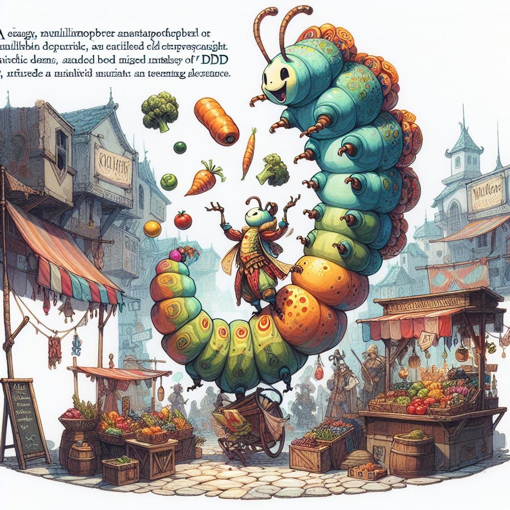Whimsical Caterpillar Juggler in a Medieval Market