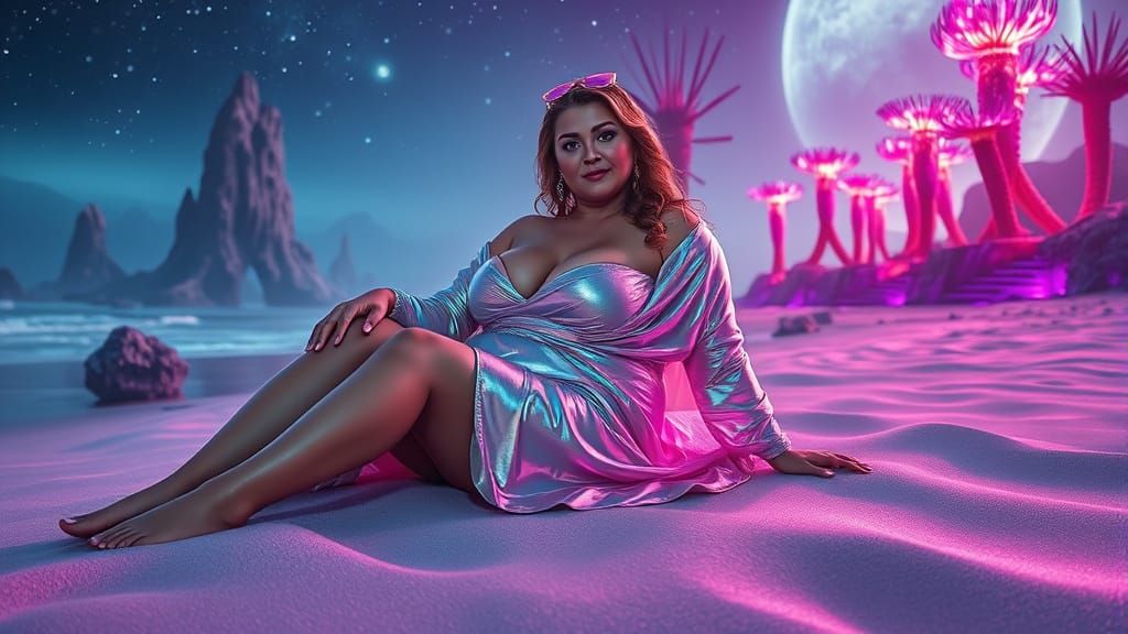 Radiant Woman on Alien Beach with Bioluminescent Flora