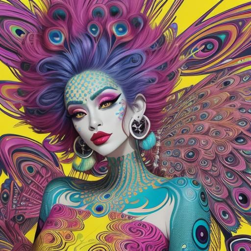 Peacock Haired Woman in Vibrant Pop Art Style