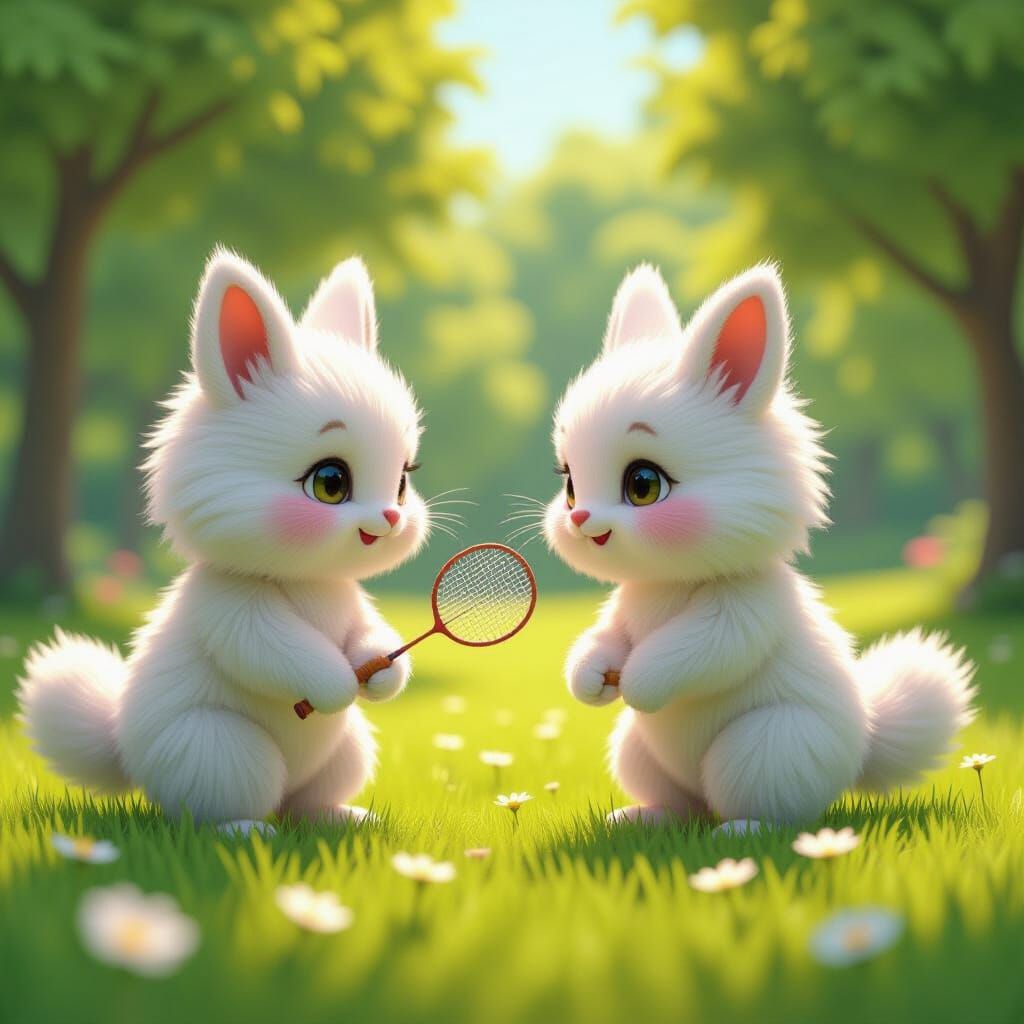 Whimsical Wombles Playing Badminton in Lush Meadow