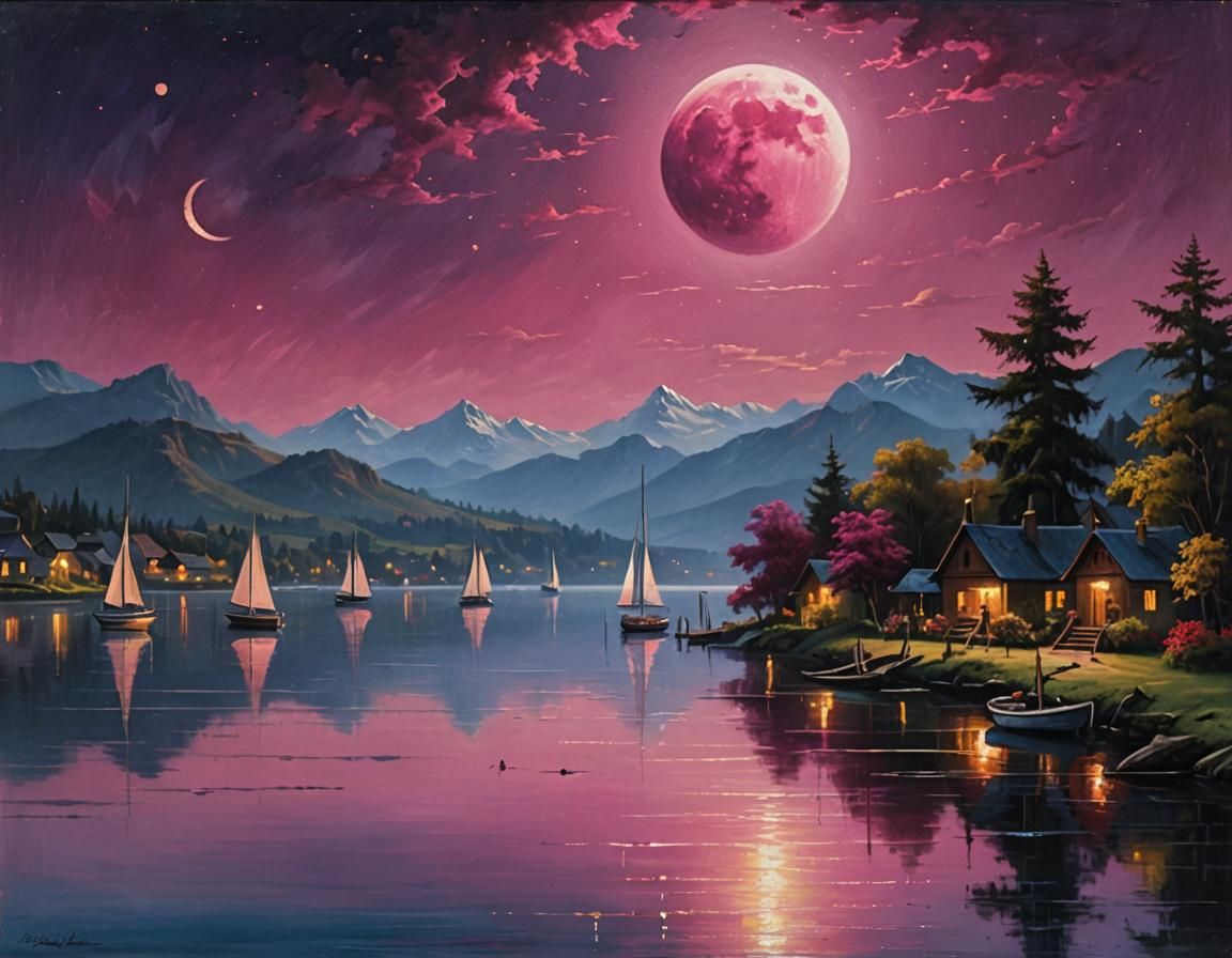 Magenta Moon Over Serene Lake: Oil Painting