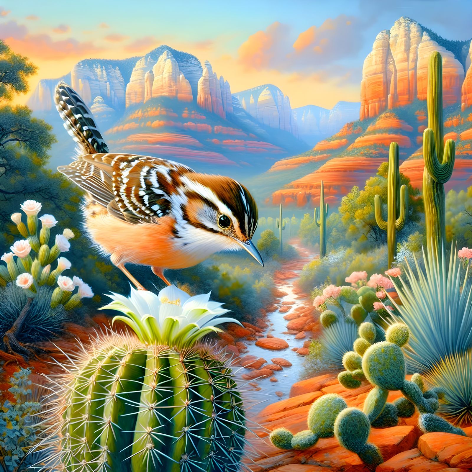 Cactus Wren and Yucca Flower in Desert Landscape