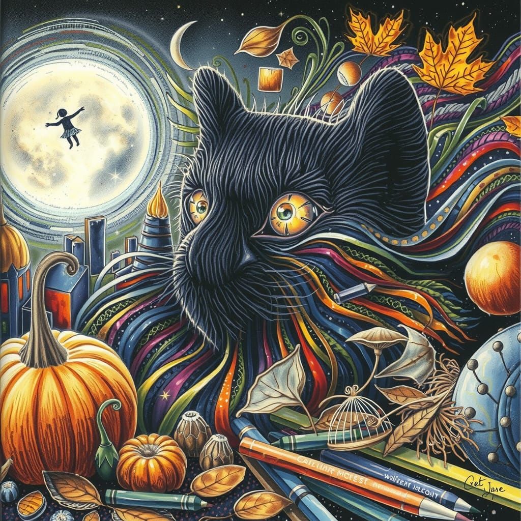 Whimsical Cityscape in Cosmic Night Sky with Doodle-Drawn Bu...