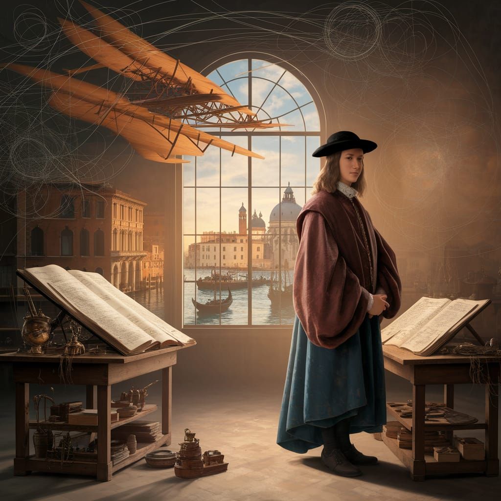 Renaissance Visionary in Surreal Workshop Scene