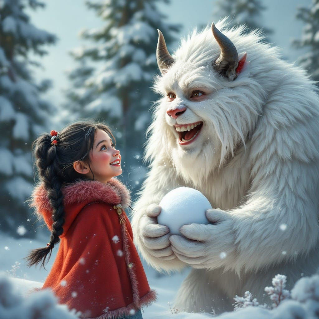 Snowy Winter Wonderland with Joyful Girl and Playful Beast