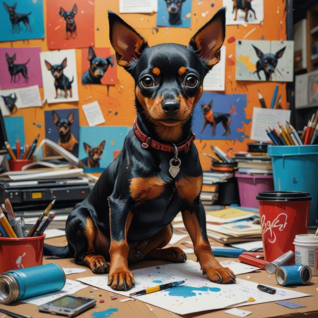 Miniature Pinscher in Vibrant Graffiti-Inspired Workspace