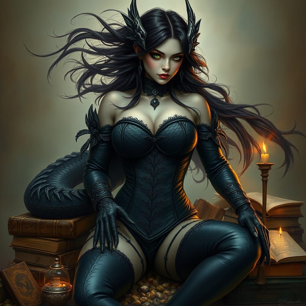 Dark Fantasy Dragon Woman in Elegant Black Leather Corset