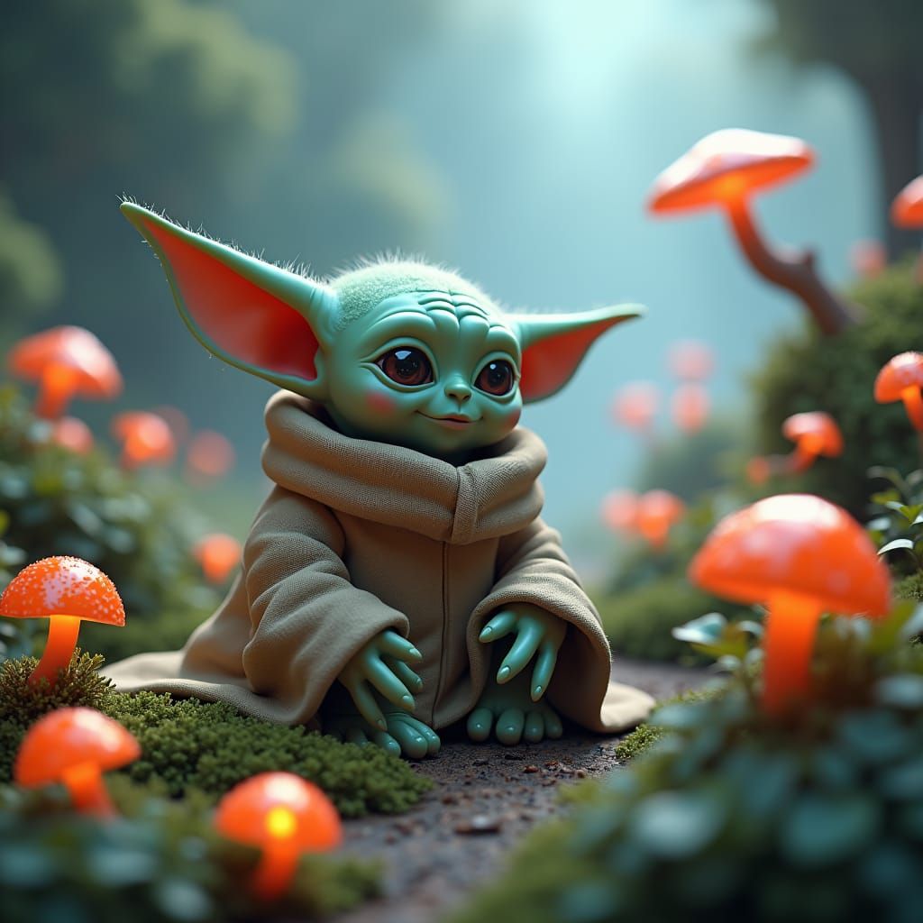 Minion as Baby Yoda in a Magical Forest