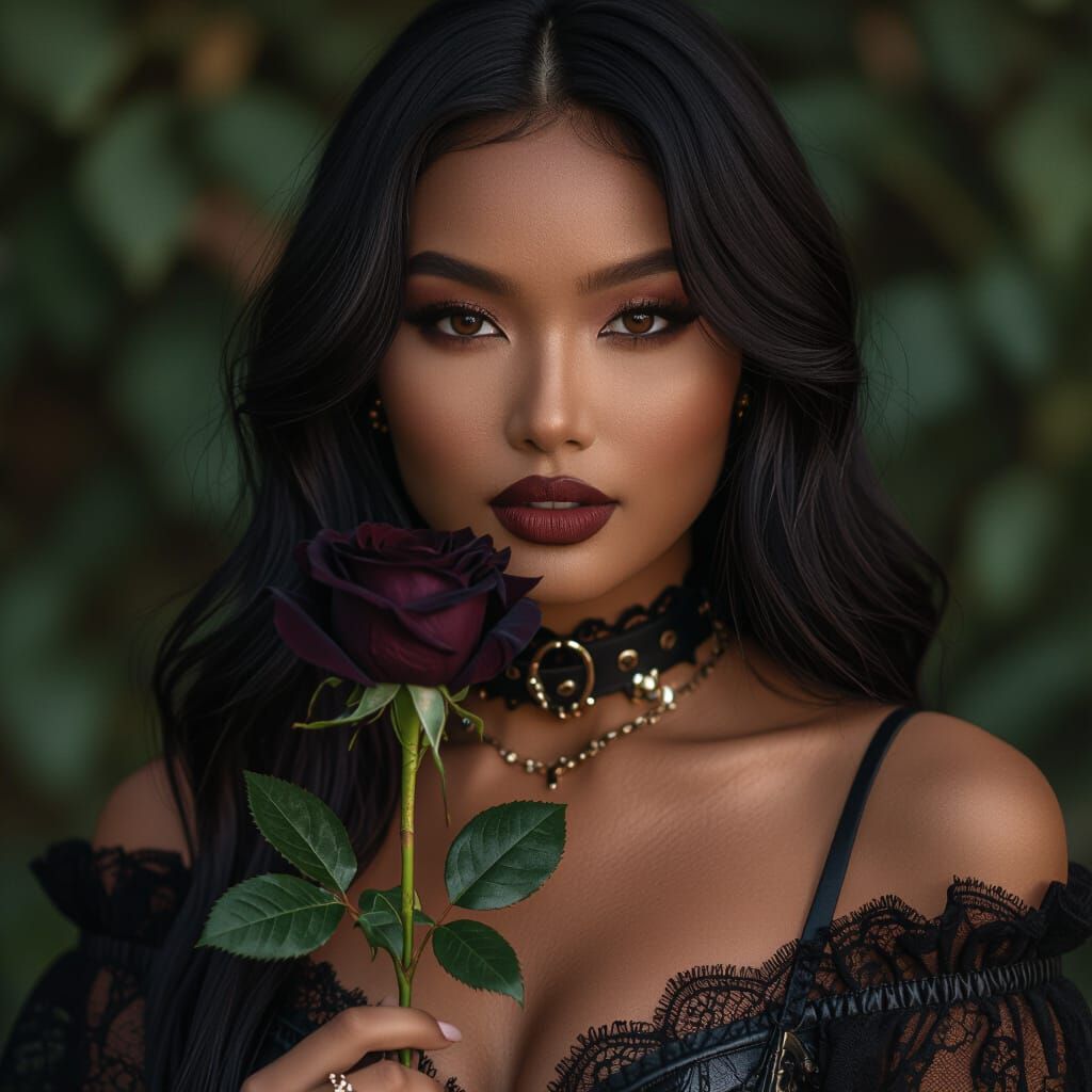 Ebony Beauty with Black Rose, Hyper-Realistic Photo