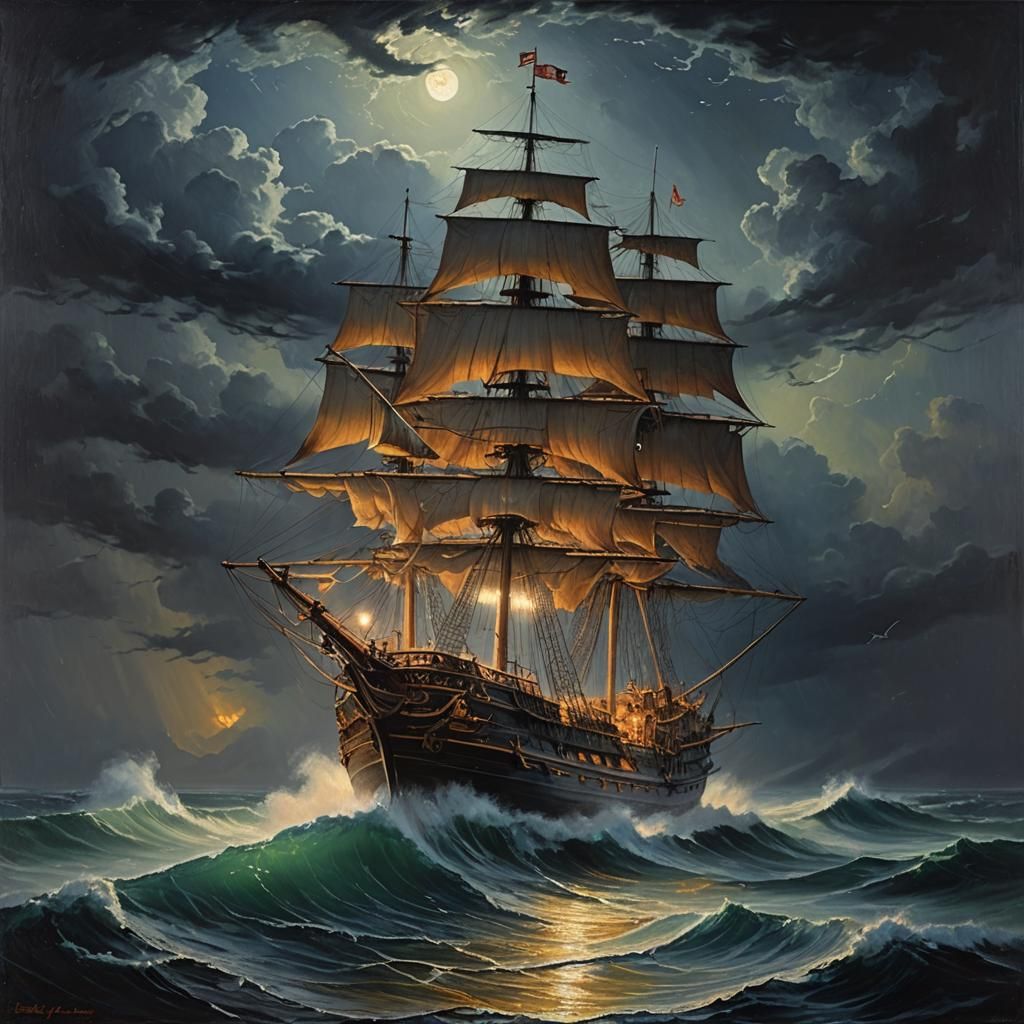 Ghost Pirate Ship on Stormy Sea as Oil Painting