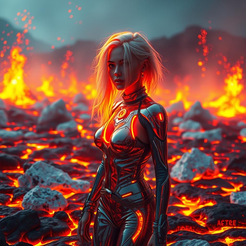 Cyberpunk Girl in Lava Landscape