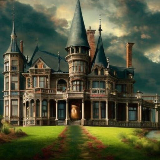 Haunted Victorian Mansion in Ethereal Landscape