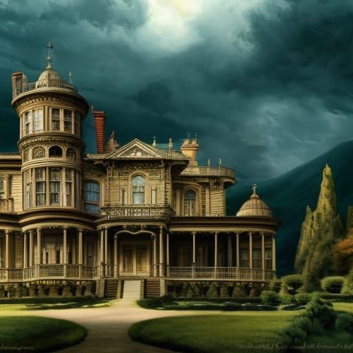 Haunted Victorian Mansion in Ethereal Landscape Painting