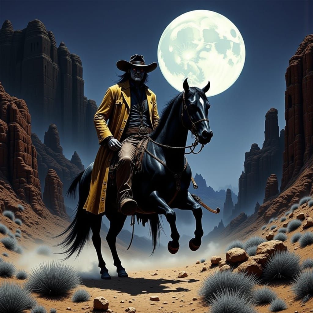 Demon Cowboy in Moonlit Canyon: Dark Fantasy Art