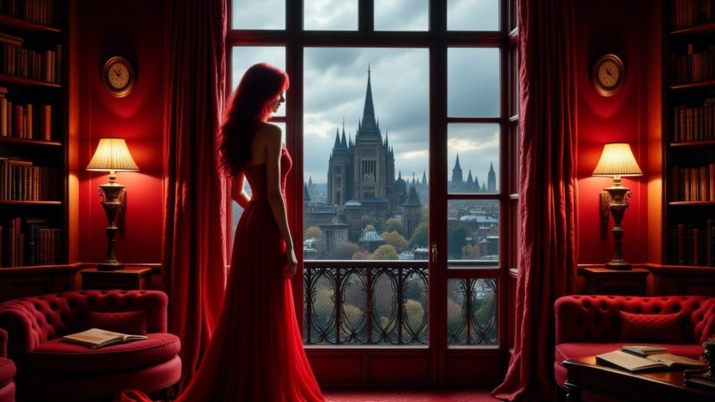 Woman in Red Dress in Dramatic Twilight Library