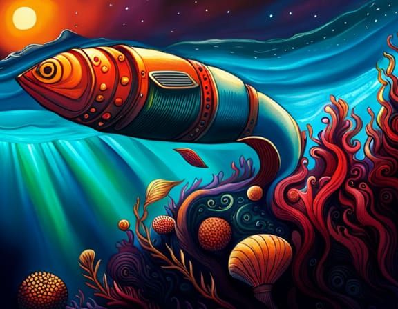 underseas underwater alien submarine, alien marine life forms not seen on earth, tetradic colors ink drawing