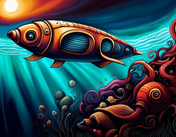 underseas underwater alien submarine, alien marine life forms not seen on earth, tetradic colors ink drawing