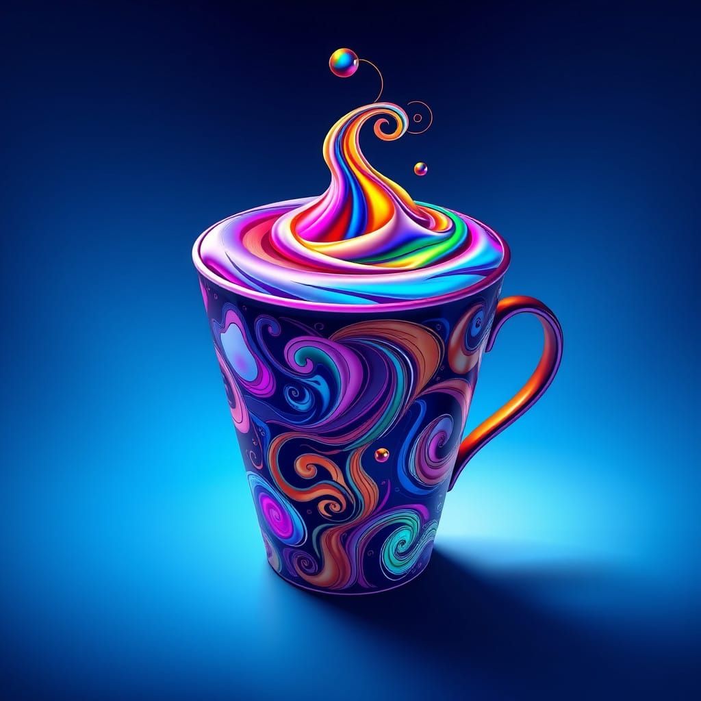 Surreal, Psychedelic Coffee Cup with Iridescent Rainbow Foam