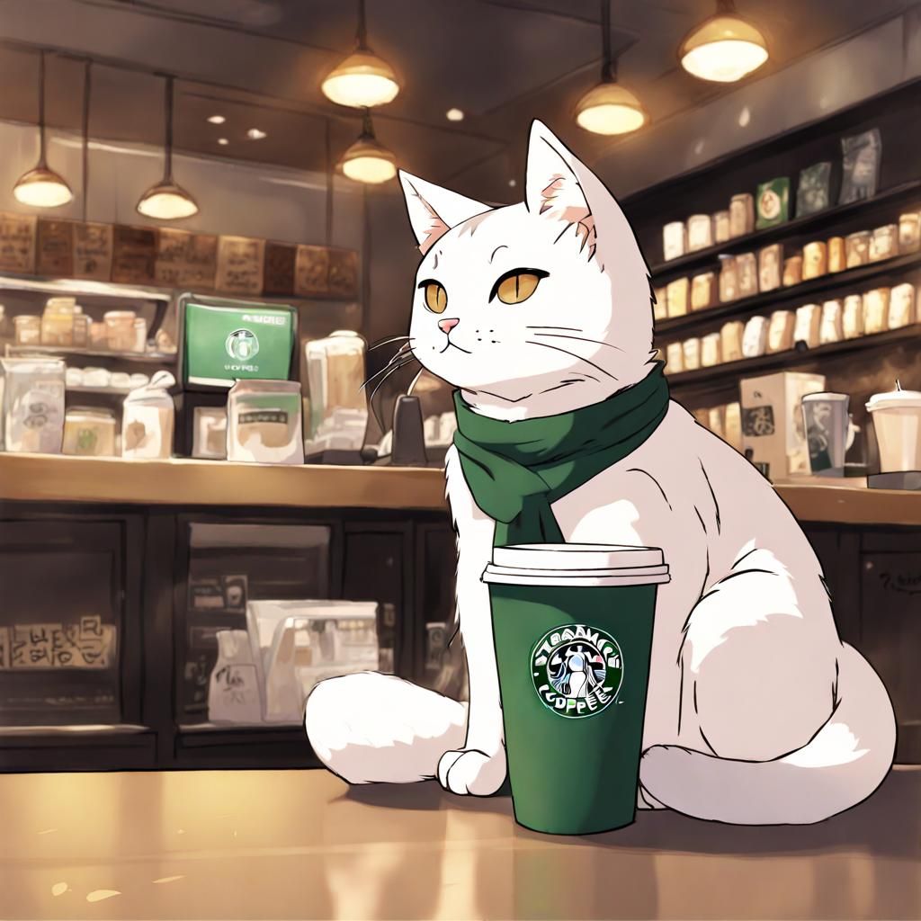 Cat in Starbucks: Anime Style Digital Art