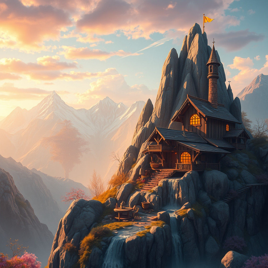 Fantastical Landscape with Waterfall in Matte Painting Style