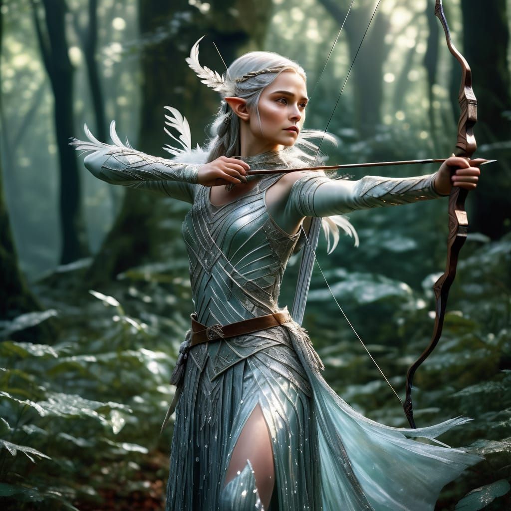 Elven Archer in Pearlescent Gown in Forest