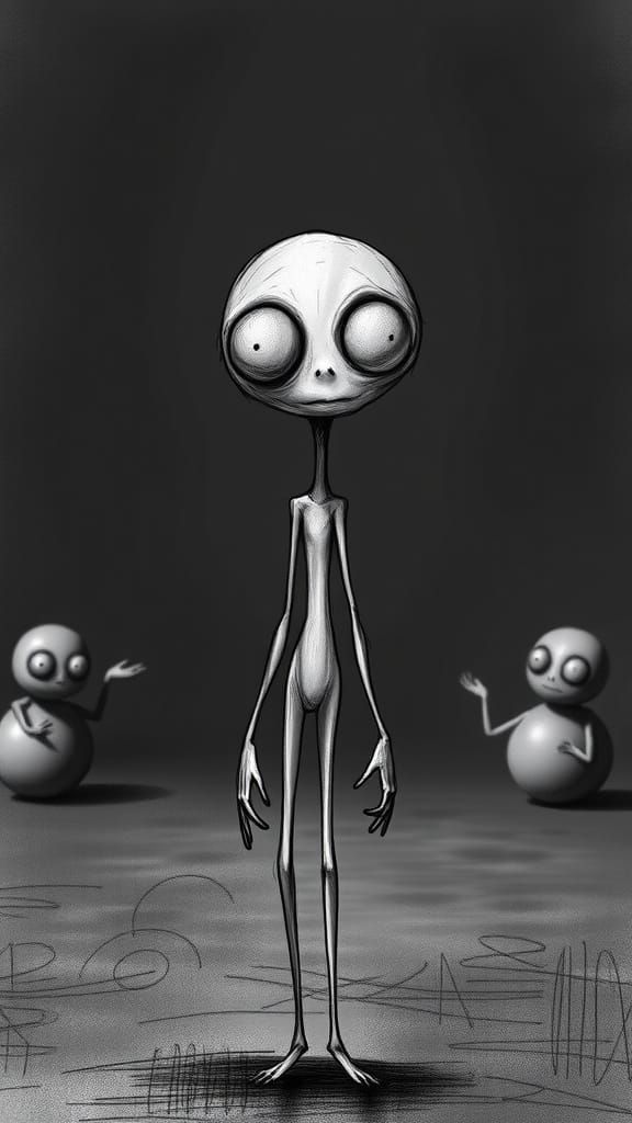 Somber Creature in Surreal Void, Black and White Sketch Styl...