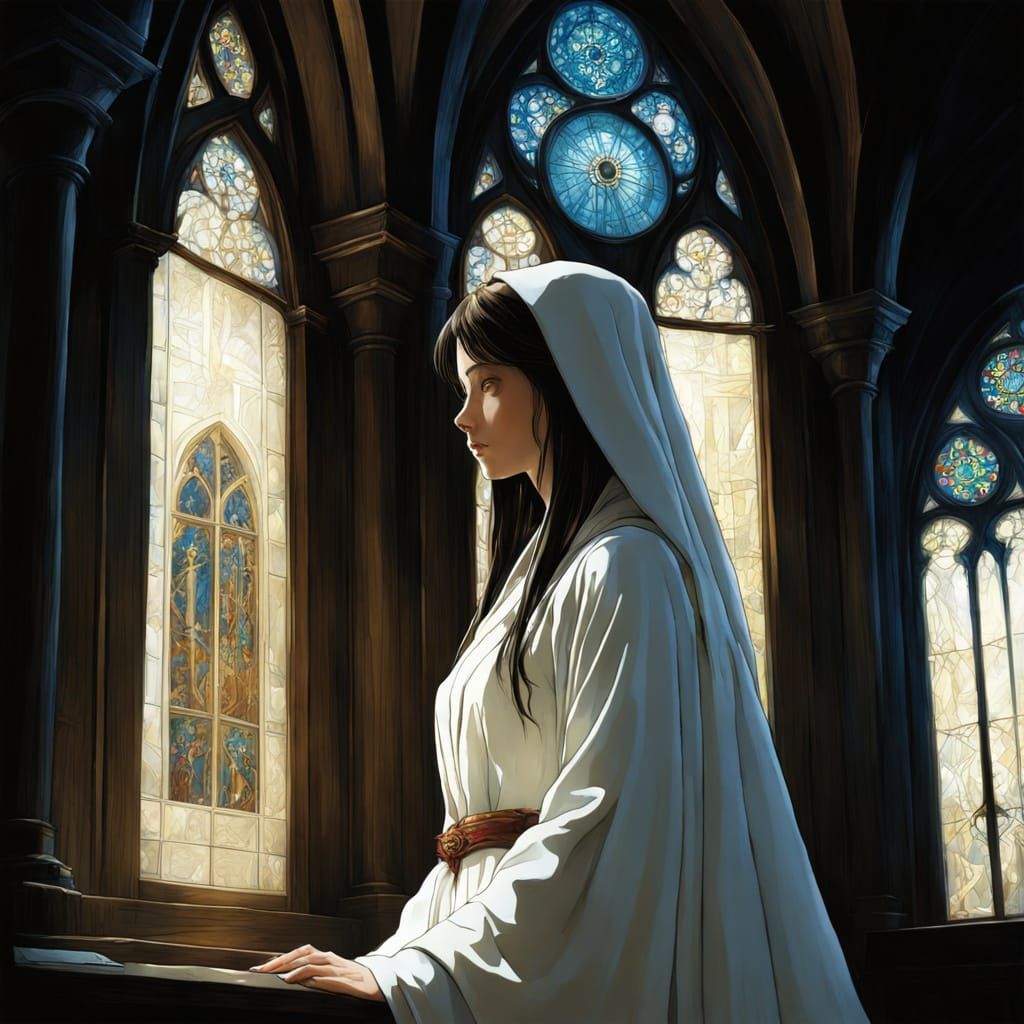 Girl in White Robes in Chapel: Fantasy Art