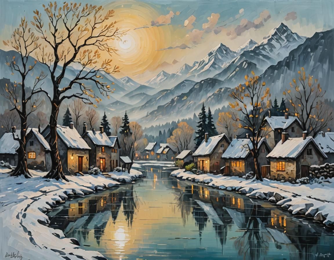 Winter Village: Acrylic Painting in Impasto Style