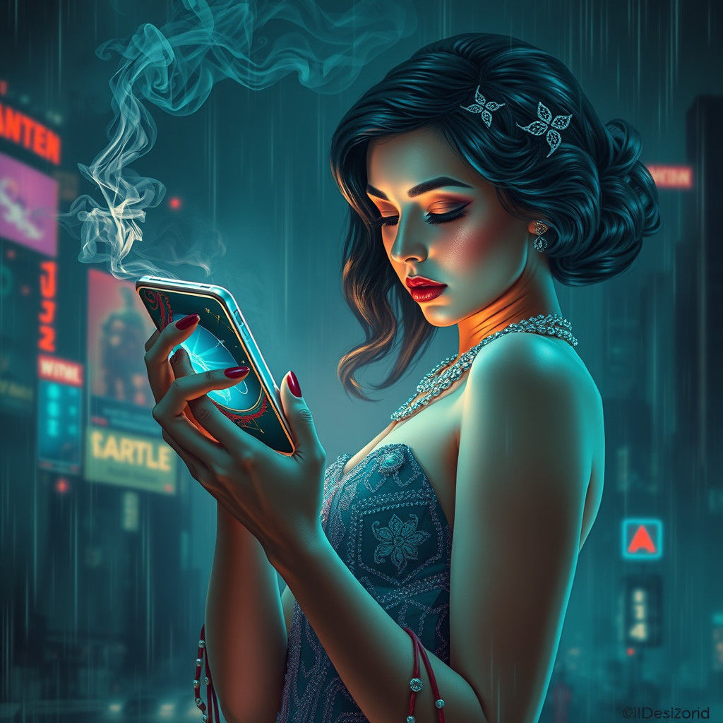 Art Deco Woman and Neon iPhone in Rainy City
